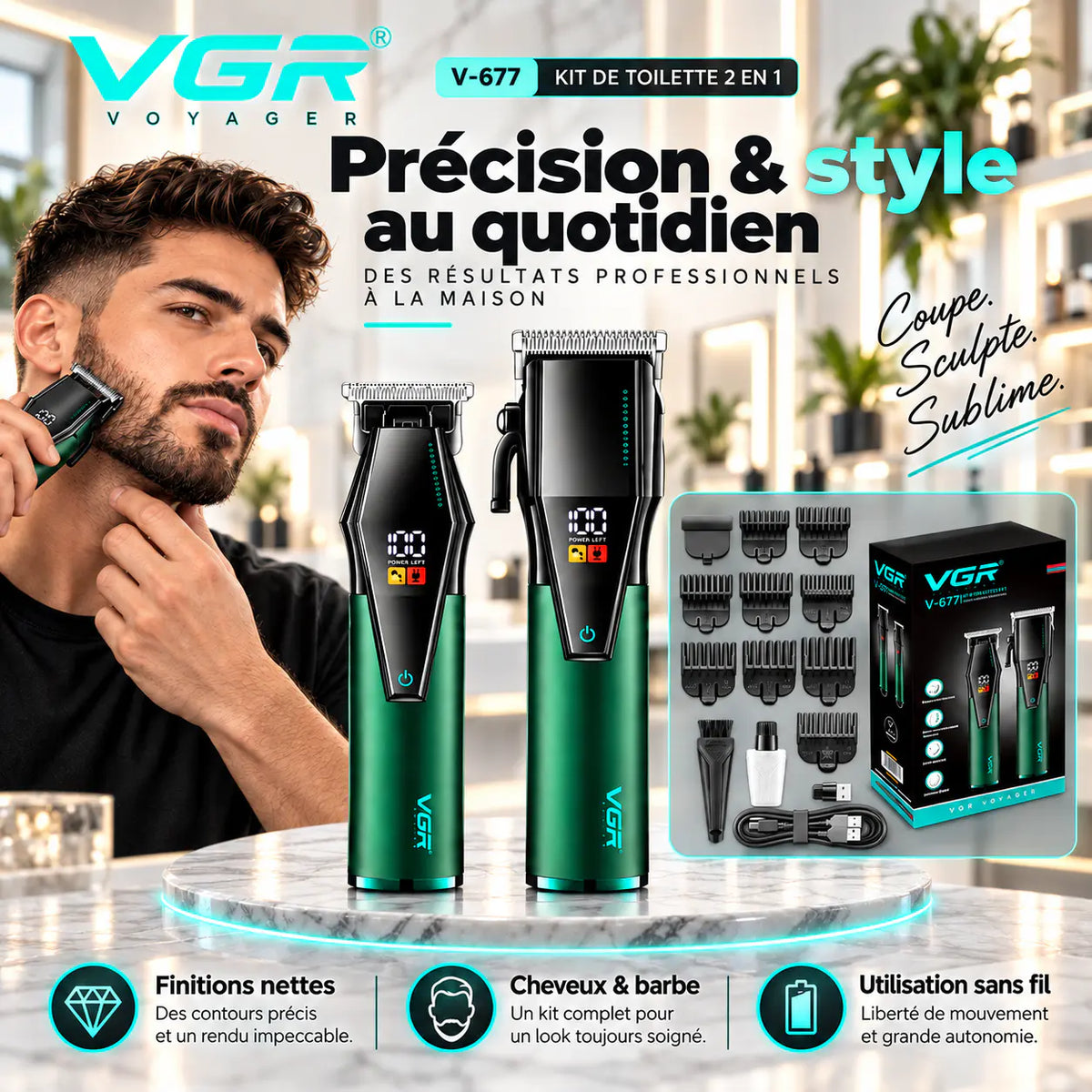 VGR V-677 – Kit Professionnel 2-en-1 Cheveux & Barbe
