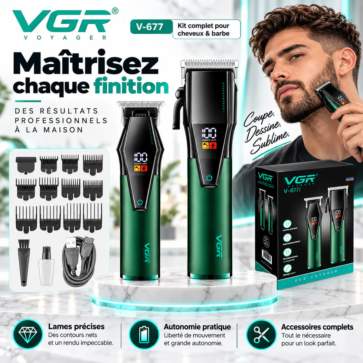 VGR V-677 – Kit Professionnel 2-en-1 Cheveux & Barbe