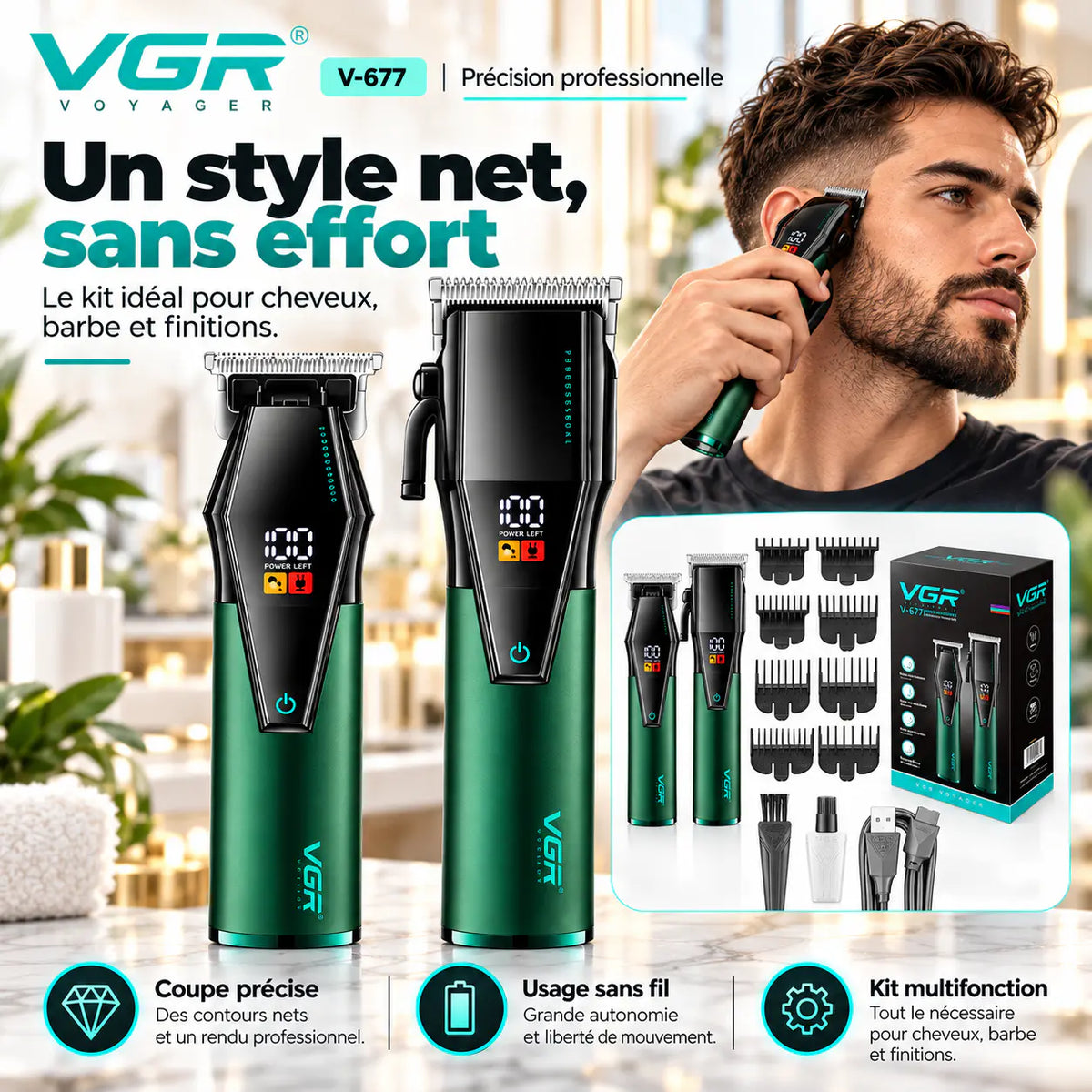 VGR V-677 – Kit Professionnel 2-en-1 Cheveux & Barbe