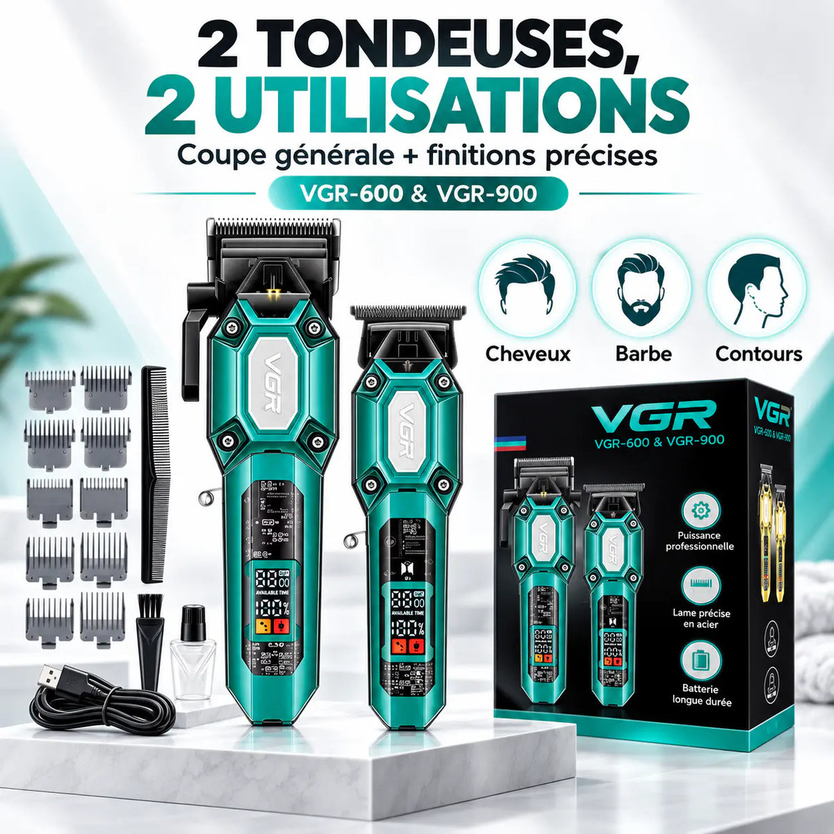 VGR-600 & VGR-900 – Kit 2-en-1 Professionnel Cheveux & Barbe