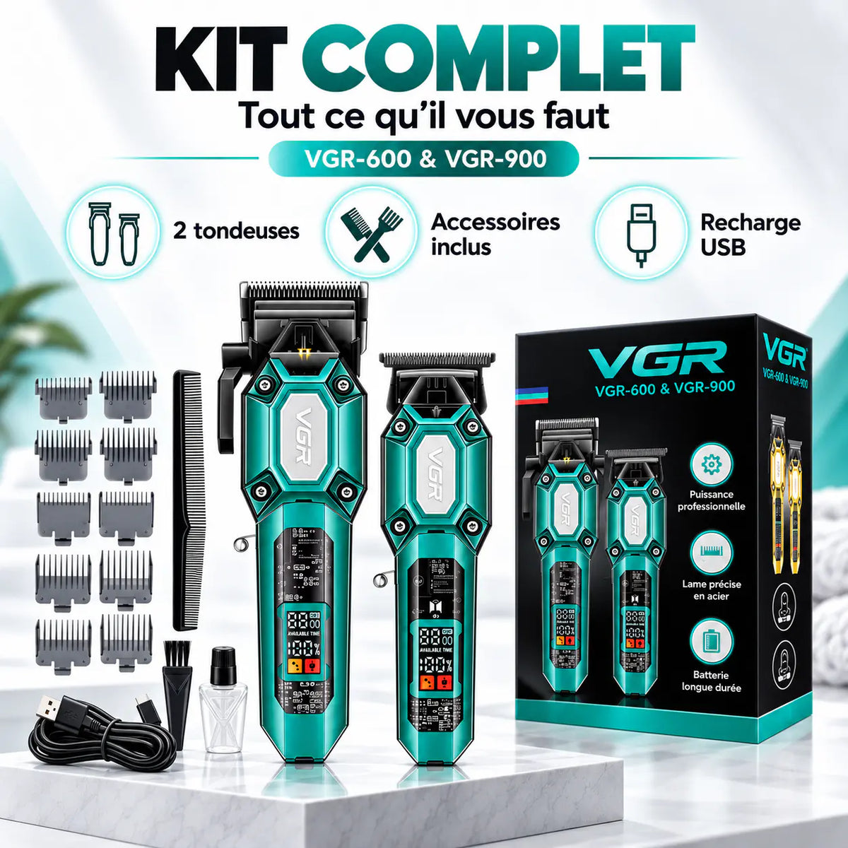 VGR-600 & VGR-900 – Kit 2-en-1 Professionnel Cheveux & Barbe