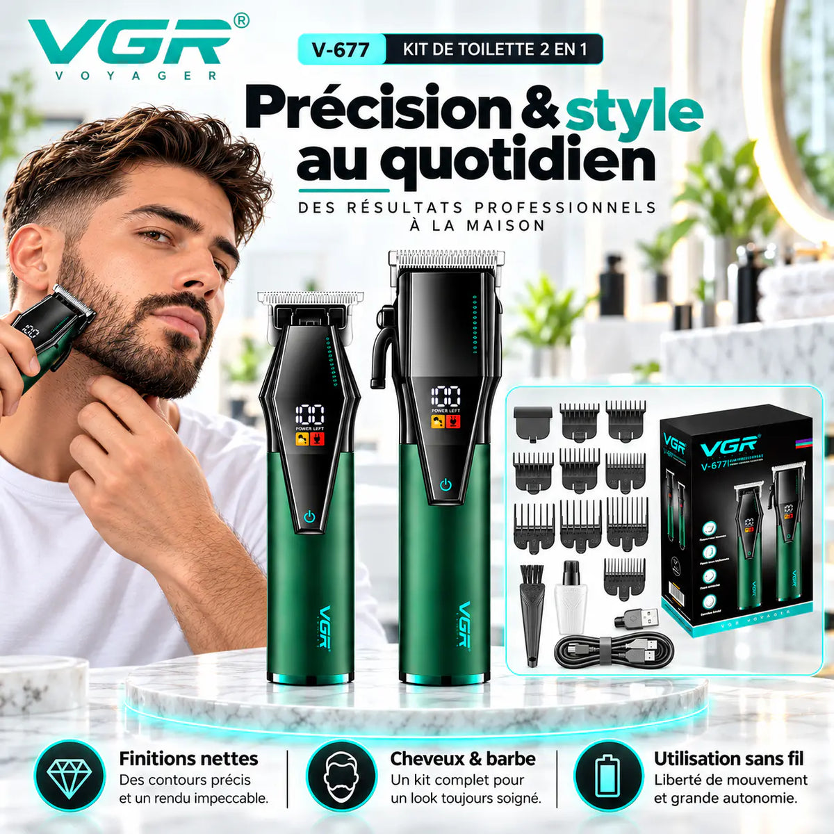 VGR V-677 – Kit Professionnel 2-en-1 Cheveux & Barbe